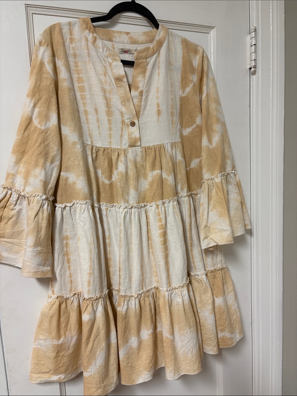 Tie-Dye Midi Dress in Cream and Tan - Casual Tiered Women's Dress